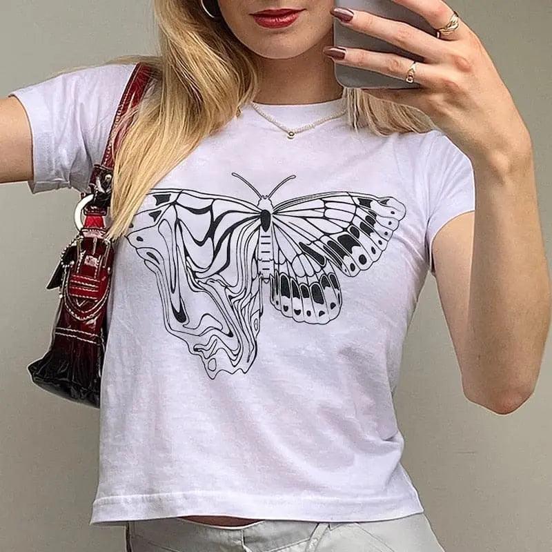 Y2K White Butterfly Graphic Printed Tee - Viva Vista Store