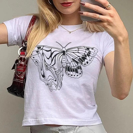 Y2K White Butterfly Graphic Printed Tee - Viva Vista Store