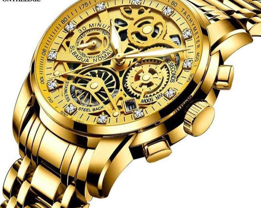 Men’s Watches Tourbillon Rotating Window Fashion Quartz Waterproof Gold Steel Watch - Viva Vista Store