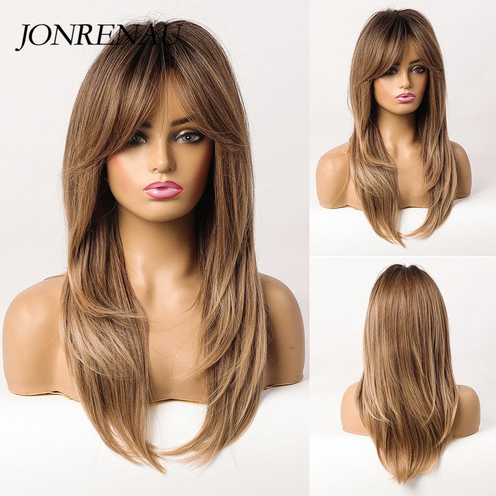 JONRENAU Long Wave Ombre Dark Black Brown Blonde Synthetic Wigs for Women Party Daily Use Cosplay Wig Natural Curly Hair - Viva Vista Store