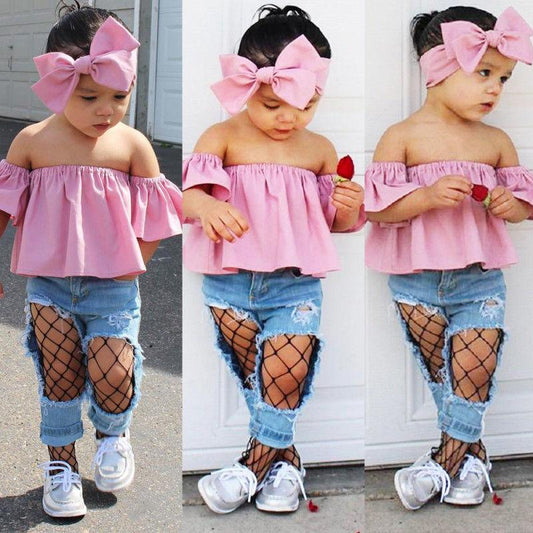 US Denim Toddler Baby Girl Lace Off Shoulder Crop Top Long Pants Outfits Clothes - Viva Vista Store