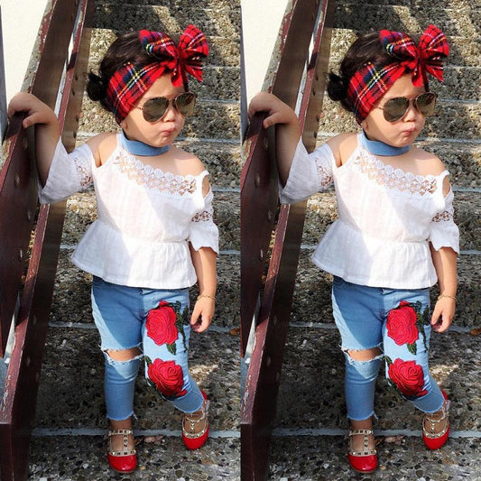 Newest Toddler Kids Girls Lace Tops Shirt Flower Jeans Denim Pants Outfits Set - Viva Vista Store